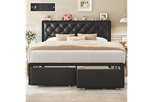 Fluest Queen Bed Frame with 2 Storage Drawers, Upholstered Headboard Button Tufted Bed Frame with Charging Station, No Box Spring Needed, Noise-Free, All Metal Structure, Black