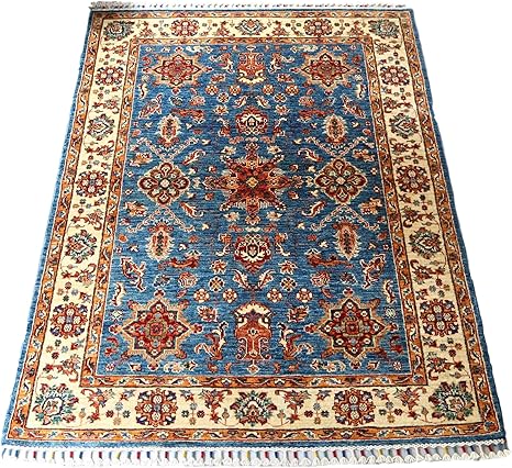 Amazon コーカサス シルヴァンデザイン手織りカーペット 幾何学モチーフのトルコ絨毯 ブルー センターラグサイズ ラグ カーペット オンライン通販