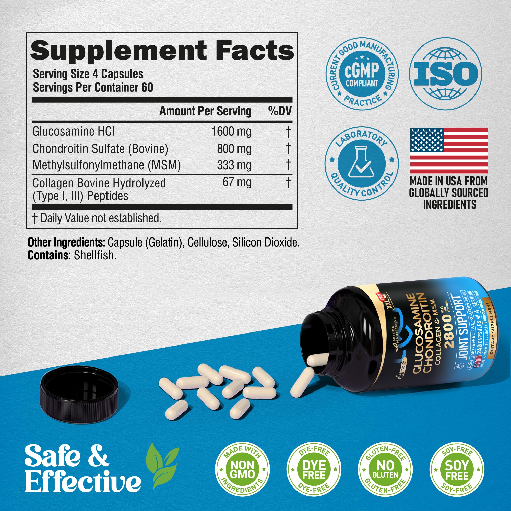 Glucosamine Chondroitin MSM Collagen | Joint Support Supplement 2800 mg | Made in USA | FSA Approved Product Items | Flexibility Nutritional Vitamins | for Men & Women, 240 Capsules
