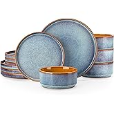 vancasso ONION Ceramic Plates and Bowls Sets, 12 Pieces Blue Dinnerware Sets for Kitchen, Reactive Glaze Dishes Set for 4, Dishwasher and Microwave Safe