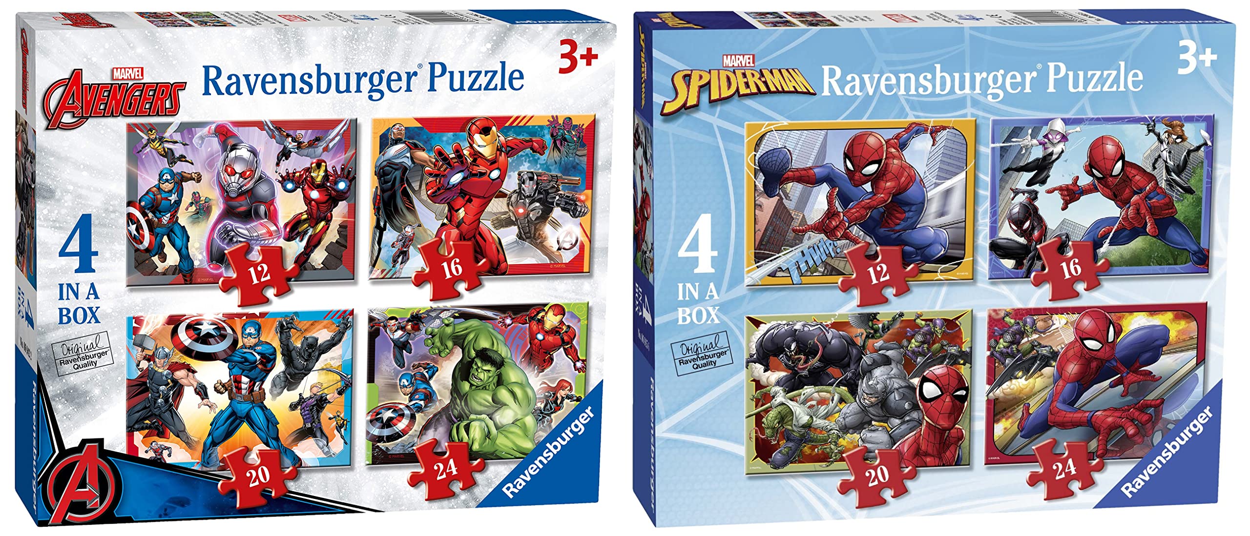 Ravensburger Marvel Avengers 4 in Box (12, 16, 20, 24 Pieces) Jigsaw Puzzles for Kids Age 3 Years Up & Marvel Spiderman 4 in Box (12, 16, 20, 24 Piece) Jigsaw Puzzles for Kids Age 3 Years Up