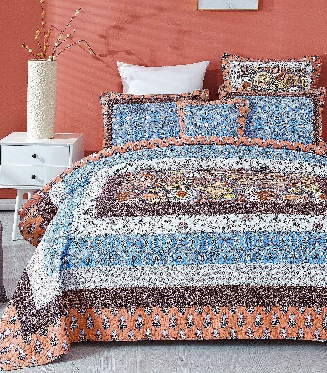 Tache Cotton Patchwork Bohemian Geometric Paisley Damask Ditsy Floral Peach Orange Sky Blue Reversible Lightweight Coverlet Mosaic Paradise Quilt Set, King