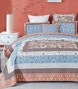Tache Cotton Patchwork Bohemian Geometric Paisley Damask Ditsy Floral Peach Orange Sky Blue Reversible Lightweight Coverlet Mosaic Paradise Quilt Set, King