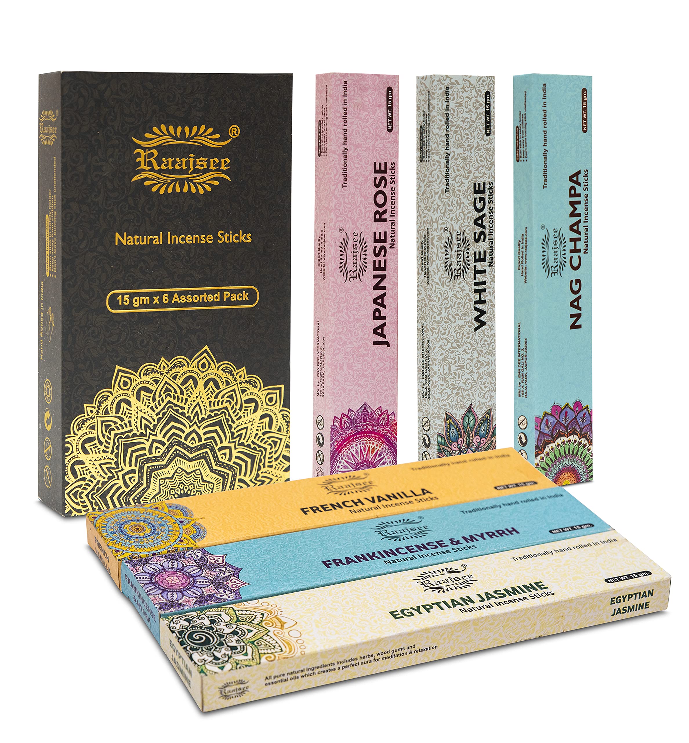 raajsee Incense Sticks 6 Pack Variety Set 15gm Each, Nagchampa -Jasmine - vanila-Japanese Rose-White Sage, 100% Organic Hand Rolled- Perfect for Yoga, Meditation,Aromatherapy — image 1