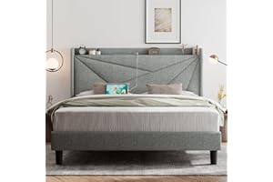 Feonase Queen Size Bed Frame with Type-C & USB Ports, Upholstered Platform Bed Frame with Wingback Storage Headboard, Solid Wood Slats Support, No Box Spring Needed, Noise-Free, Light Gray