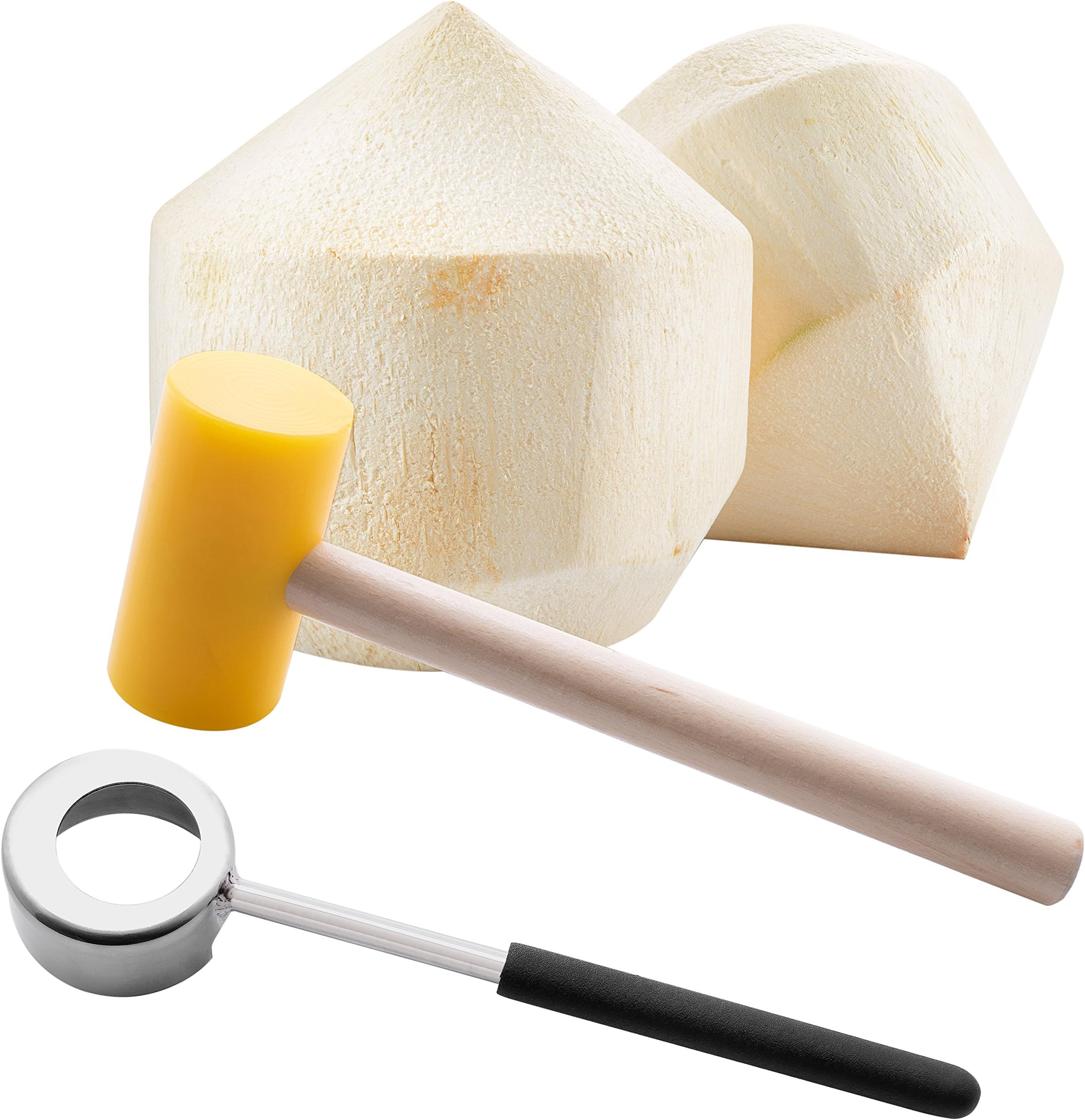 Stainless Steel Fresh Coconut Opener Tool with Hammer Utensil Set | Professional Food Grade Young Coconut Opening Kit | Make Easy Coconut Water | Durable Restaurant Quality | Breaks Raw Fruit Fast!