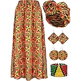 5 Pcs African Dress Head Wrap Set Black History Skirt Bracelet Kente Print Earring African Attire for Women Outfits