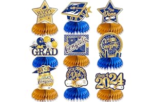 POPOOO 9 PCS Graduation Party Decorations Class of 2024 Red and Gold Congrats Grad Honeycomb Centerpieces for Tables 2024,Congratulate Graduation Table Toppers for Graduation Party Favor Supplie (Blue)