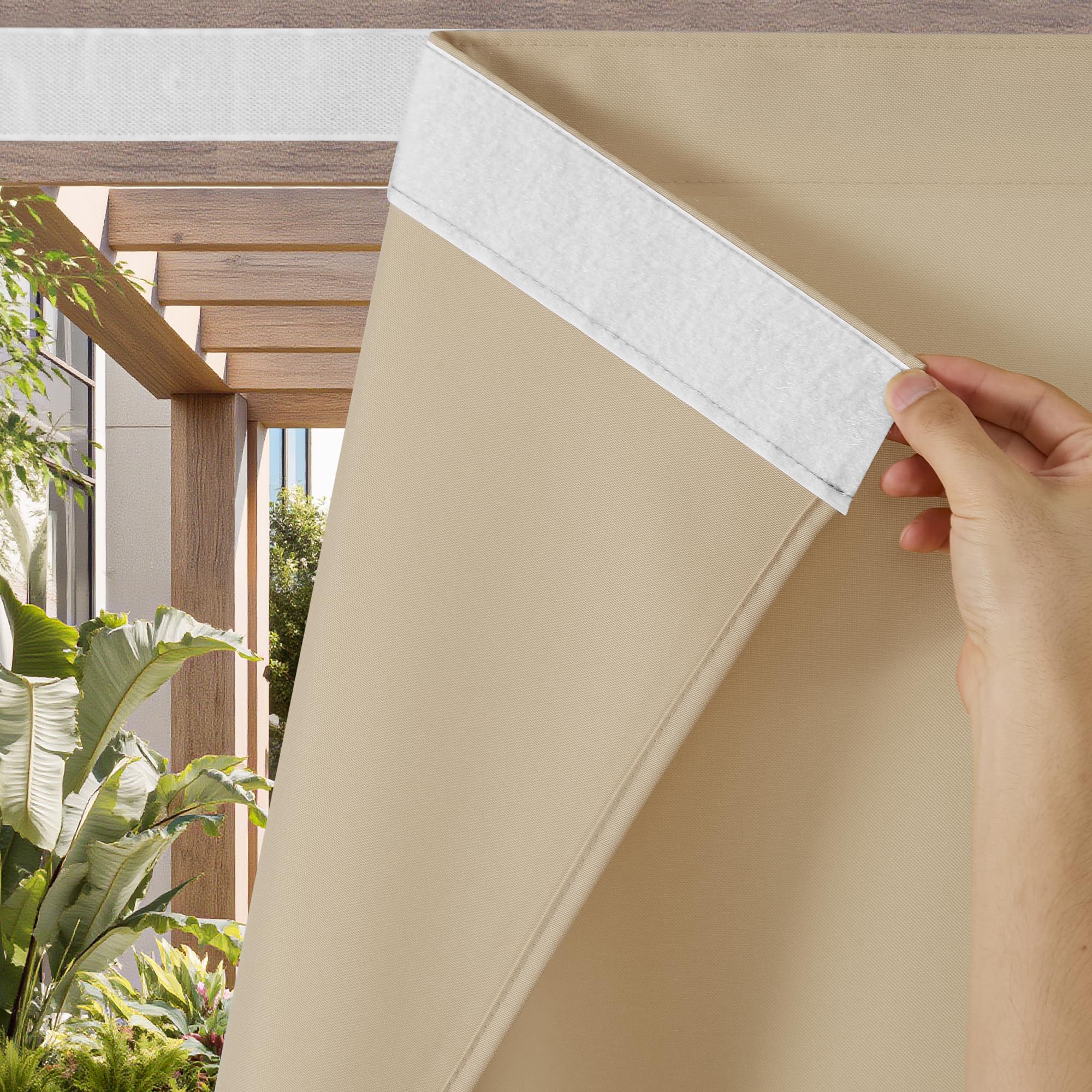 Photo 1 of NICETOWN Canvas Outdoor Curtains for Paito 2 Panels, Taupe, W52 x L84 per Panel - Waterproof & Windproof Sun Shades with Peel/Stick Top & Back Tab Bottom, Free Rope and 2 Tiebacks Included