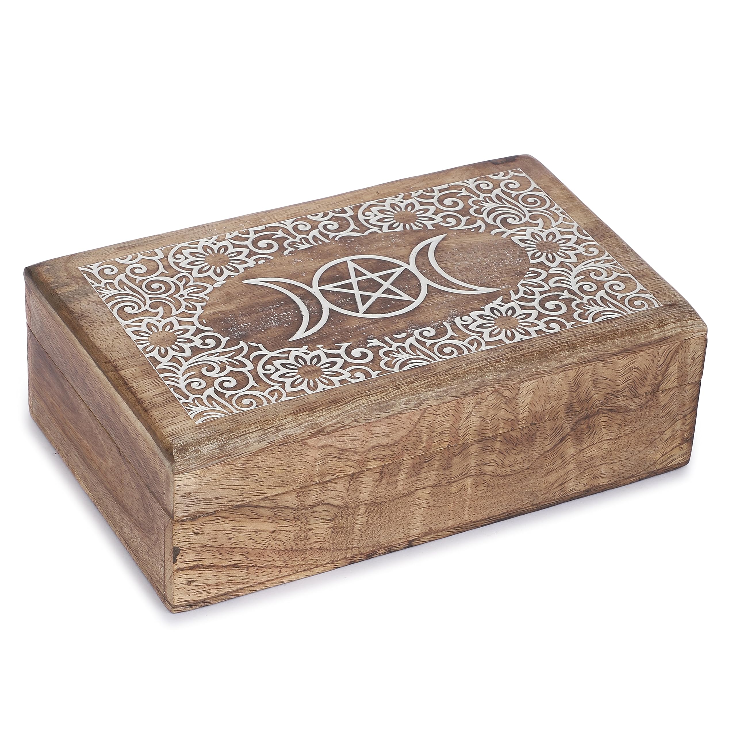 Ajuny Handmade Wooden Jewelry Box - 8x5 Inch Hand-Carved Keepsake Organizer with Star Moon Design for Necklaces, Watches, and Trinkets - Unique Gift for Women