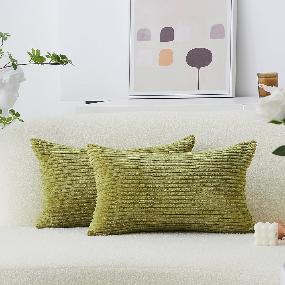 Home Brilliant Grass Green Cushion Covers 12x20 Inch Pack of 2 Velvet Stripe