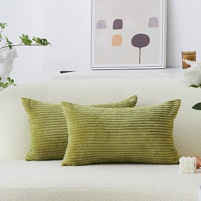 Home Brilliant Grass Green Cushion Covers 12x20 Inch Pack of 2 Velvet Stripe