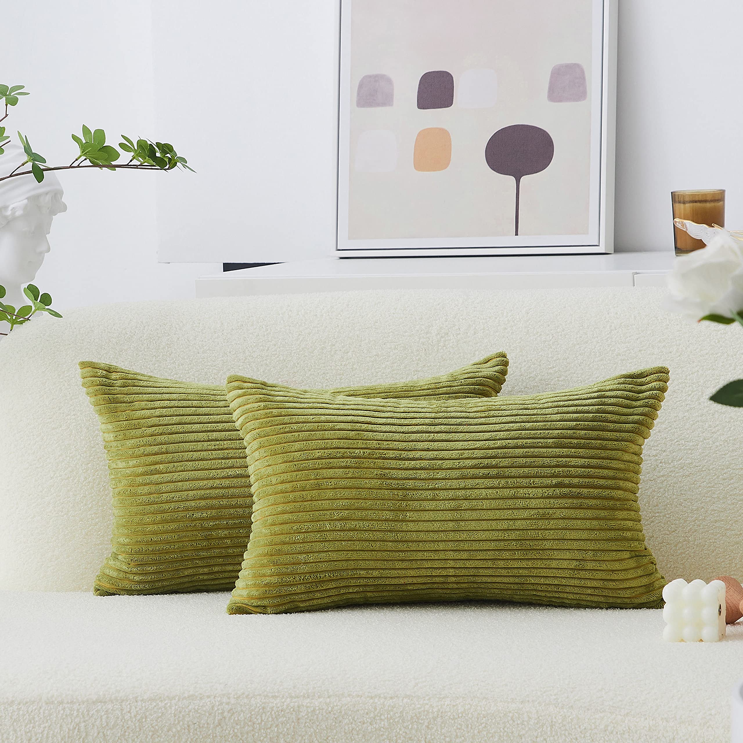 Home Brilliant Green Cushion Covers 12x20 Inch, Striped Velvet Corduroy Cushion Cover for Rectangle Cushions Indoor Outdoor Sofa Spring Decor, Pack of 2, (30cm x 50cm, Grass Green) — image 1