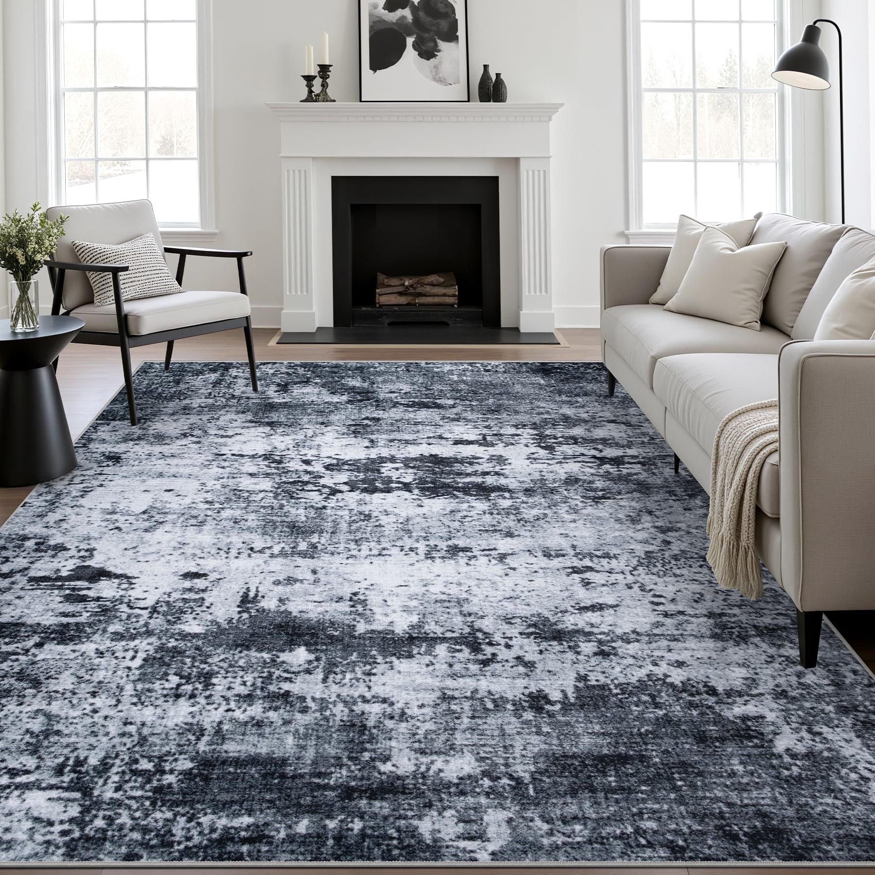 Photo 1 of 5x7 Area Rug Living Room Rug: Washable Modern Abstract Soft Thin Rug Indoor Floor No Slip Stain Resistant Carpet for Bedroom Dining Room Farmhouse Nursery Home Office - Black