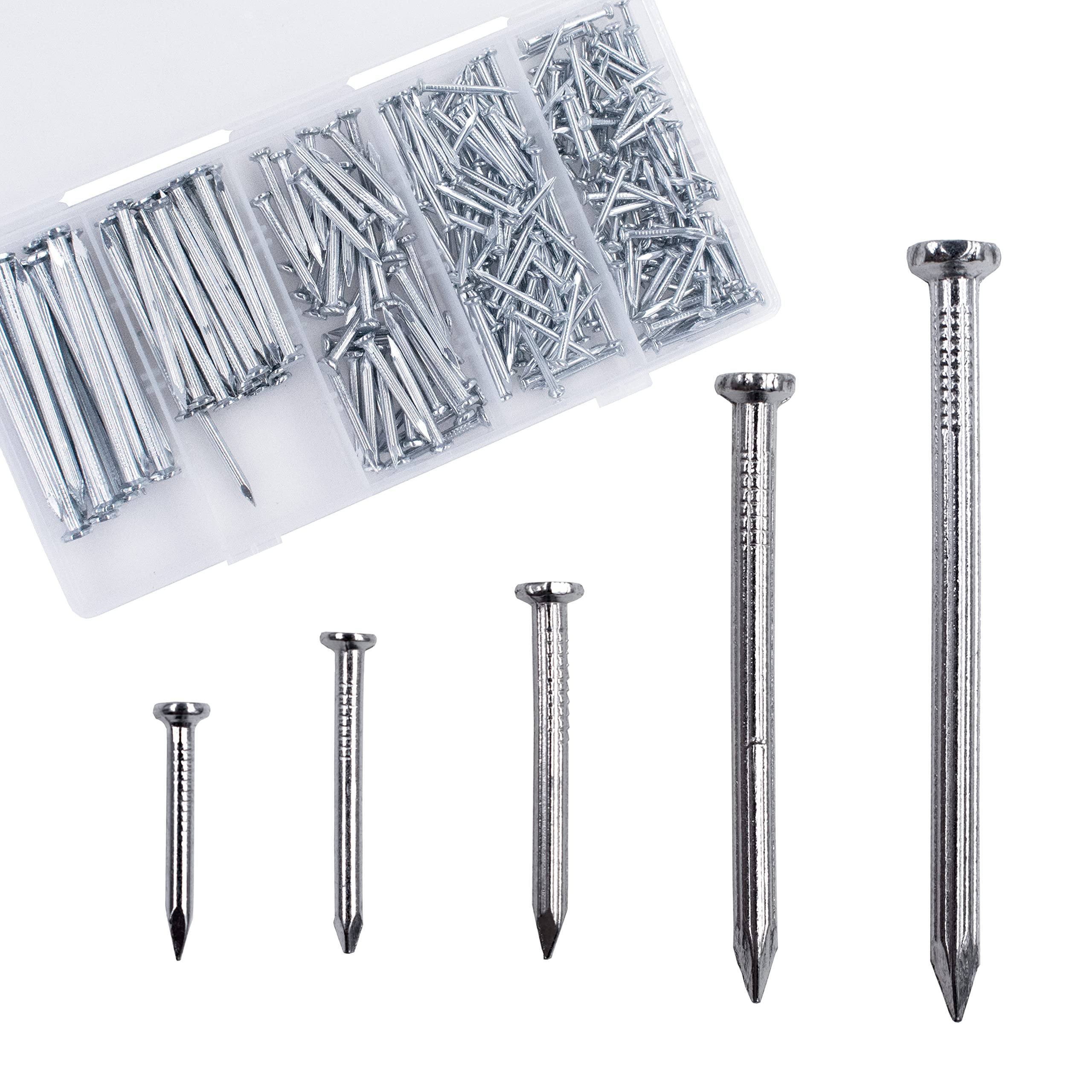 OMOTOOL Steel Nail Assortment Kit (300 pcs), Galvanized Concrete Wall Nails for Hanging Pictures and Woodworking, Suit for Drywall and Pine，5 Size Assortment
