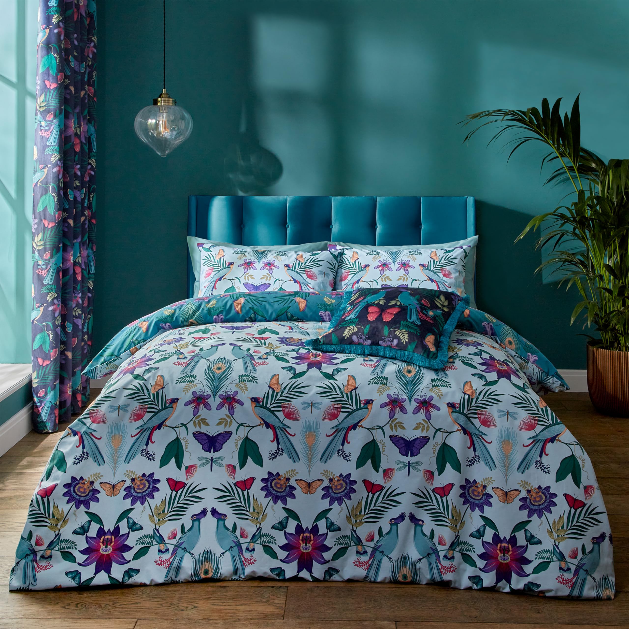 Catherine Lansfield Mya Tropical Floral Reversible King Duvet Cover Set with Pillowcases Duck egg Blue