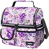 opux Lunch Bag Women Insulated, Adult Lunch Box Cooler, Flower Lunch Box, Dual Compartment Lunchbox for Work, Leakproof Double Decker Lunch Bag, Soft Lunch Pail Tote Girls Kids School, Floral Purple