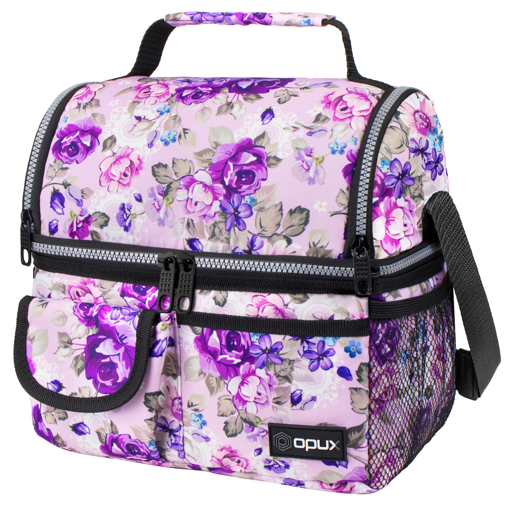OPUX Insulated Dual Compartment Lunch Bag for Men, Women | Double Deck Reusable Lunch Pail Cooler Bag with Shoulder Strap, Soft Leakproof Liner | Large Lunch Box Tote for Work, School (Floral Purple)