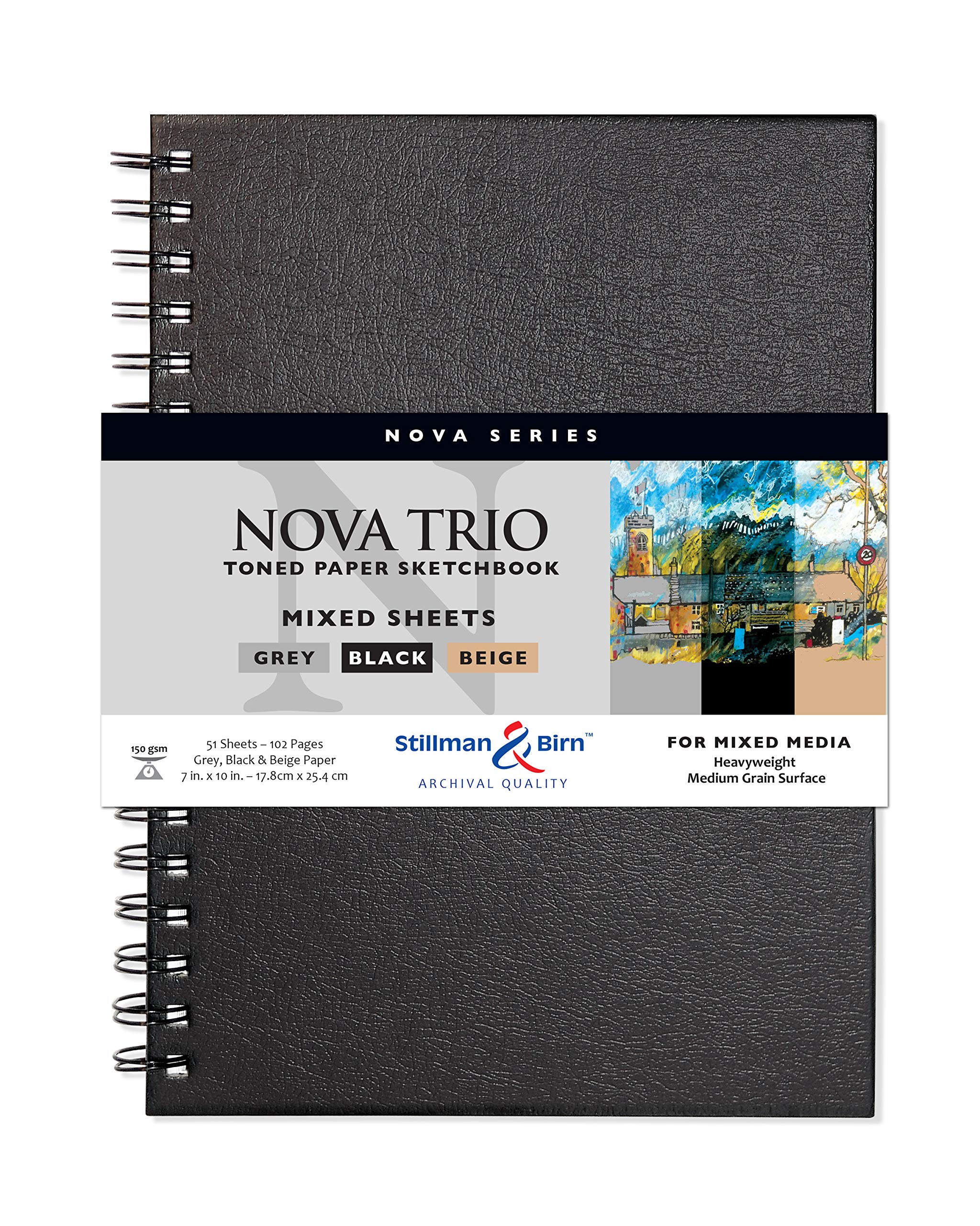 Stillman & Birn Nova Series Trio Wirebound Sketchbook, 7" x 10", 150 GSM (Heavyweight), Beige, Grey & Black Paper, Medium Grain Surface