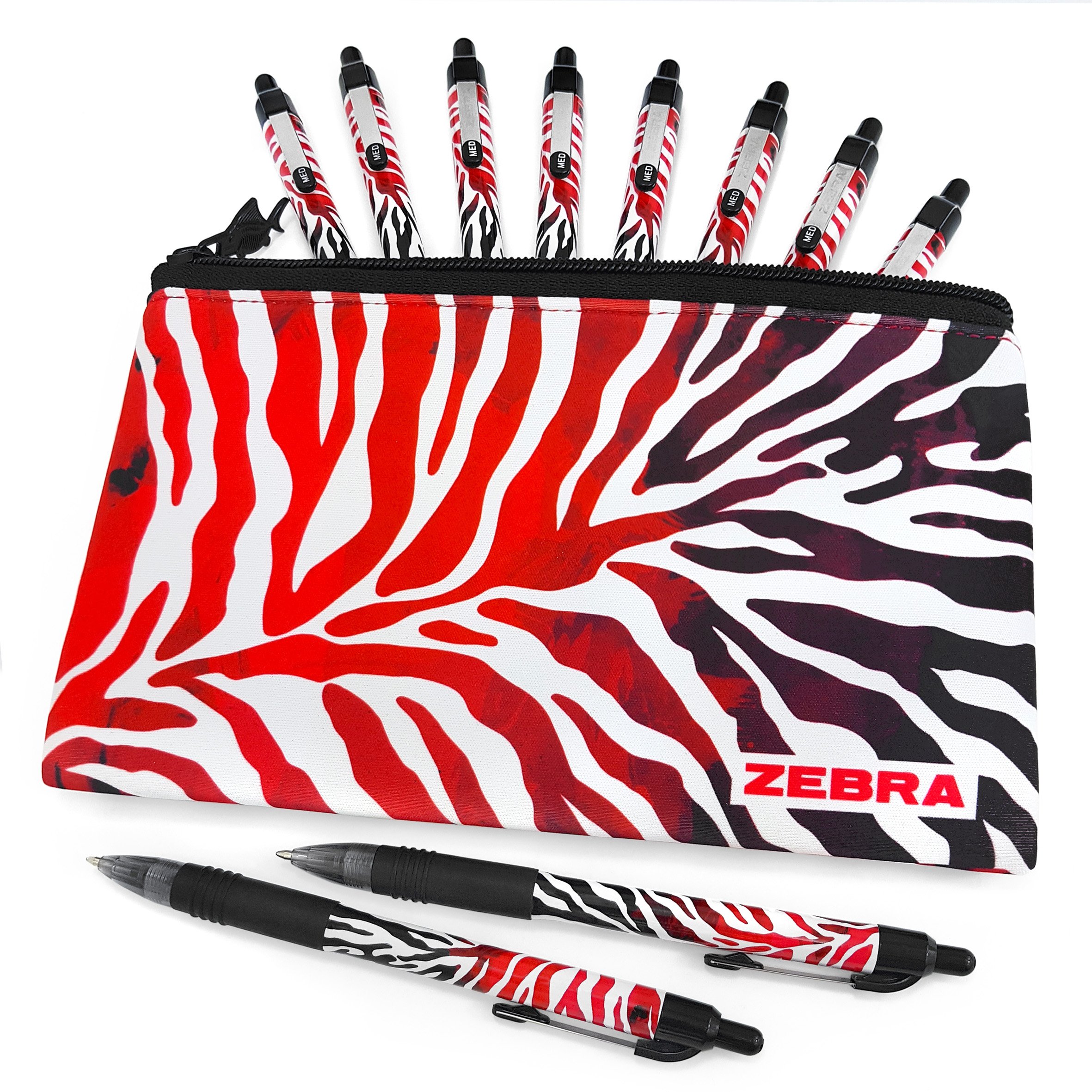Zebra Z-Grip Smooth - Limited Edition Funky Flame Design - Pack of 10 Black Ink Pens with Matching Pencil Case