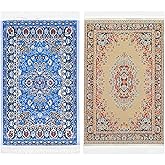 Heclia Dollhouse Rug 2 PCS Miniature Dollhouse Accessories 1:12 Scale Vintage Doll House Rugs Woven Mini Rug for Dollhouses Furniture Blue & Yellow Floral Print Carpet for Doll House Floor Decor