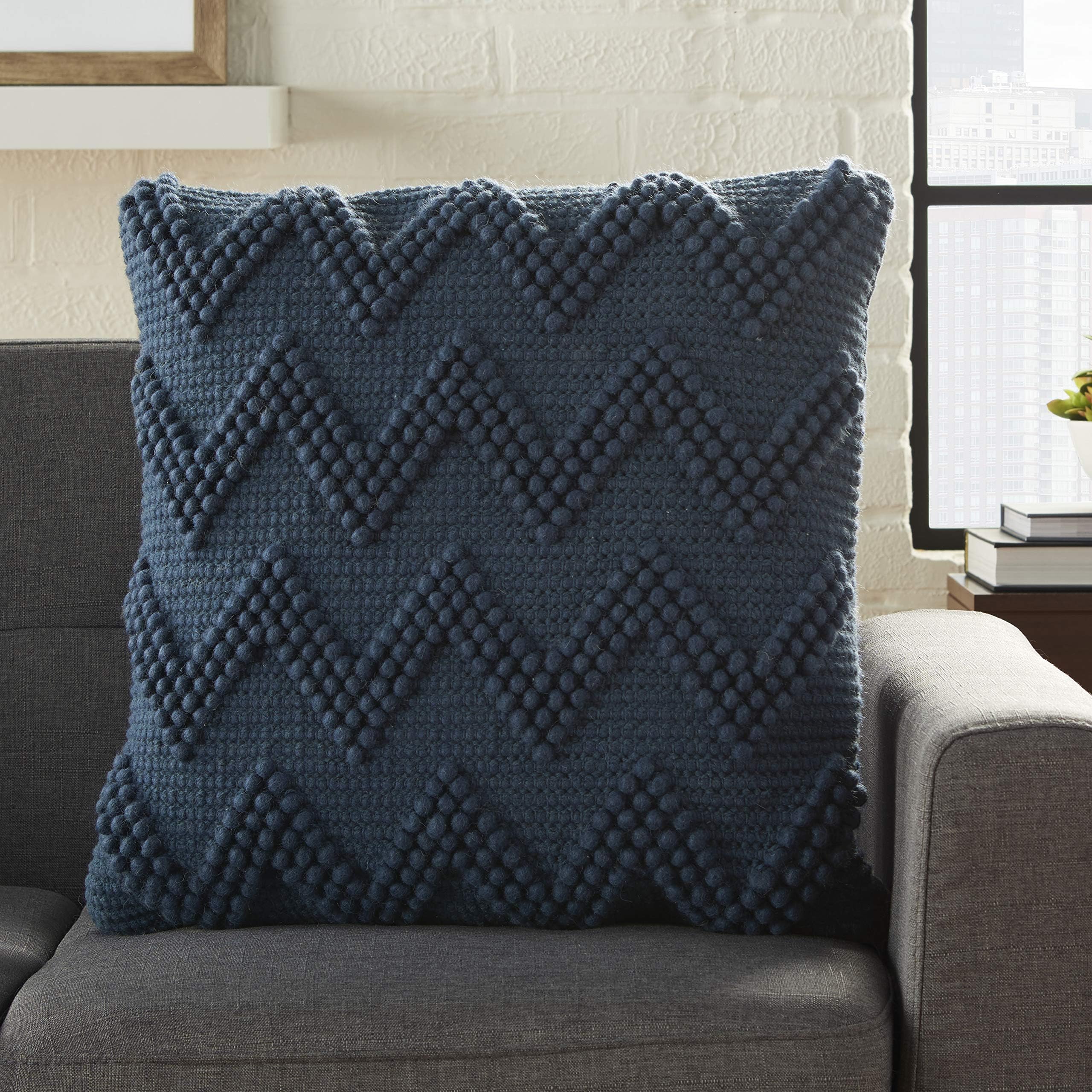 Mina Victory Nourison Casual Styles Large Textured Navy Blue Throw Pillow 20" x 20", 20"x20"