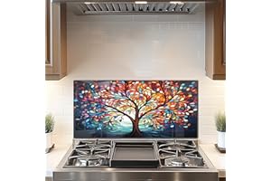 DAIFURONGE Tempered Glass Backsplash for Kitchen, Tree of Life Art Stove Backsplash Protector - Easy to Clean Wall Decor (Art Deco 2, 30"x14"(76.2x35.56cm))