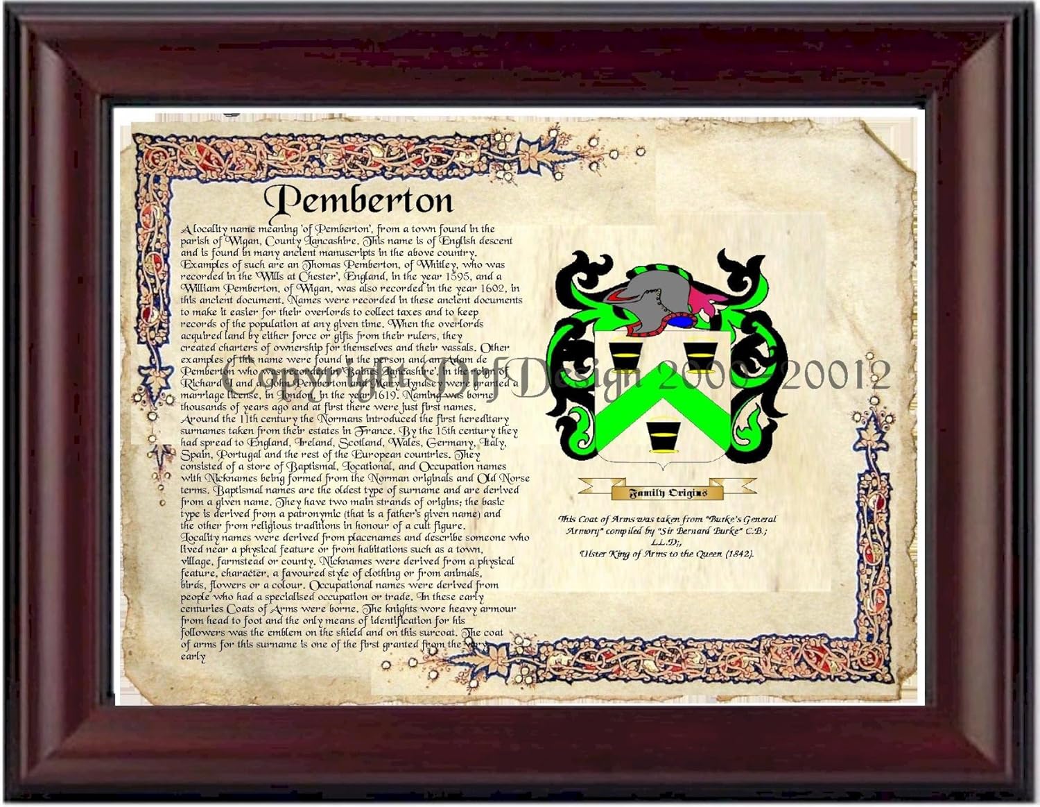 Pemberton Coat of Arms/ Family Crest on Fine Paper and Family History Picture