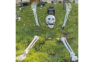 EddHomes Halloween Skeleton Stakes Decorations, Realistic Skeleton Halloween Decor, Hallo-ween Ske-leton Head and Arms with a Stake for Halloween Yard Scary Skeleton Decor