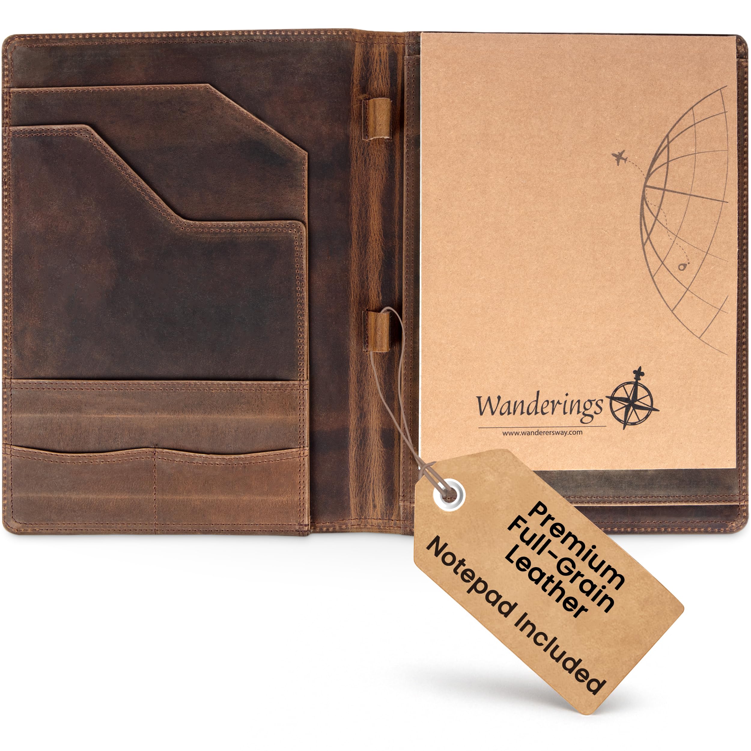 Wanderings Vintage Brown Leather Padfolio - Professional Organizer & Resume Folder - A4 Document Folio with Writing Pad - Conference Folder or Gift for Men & Women
