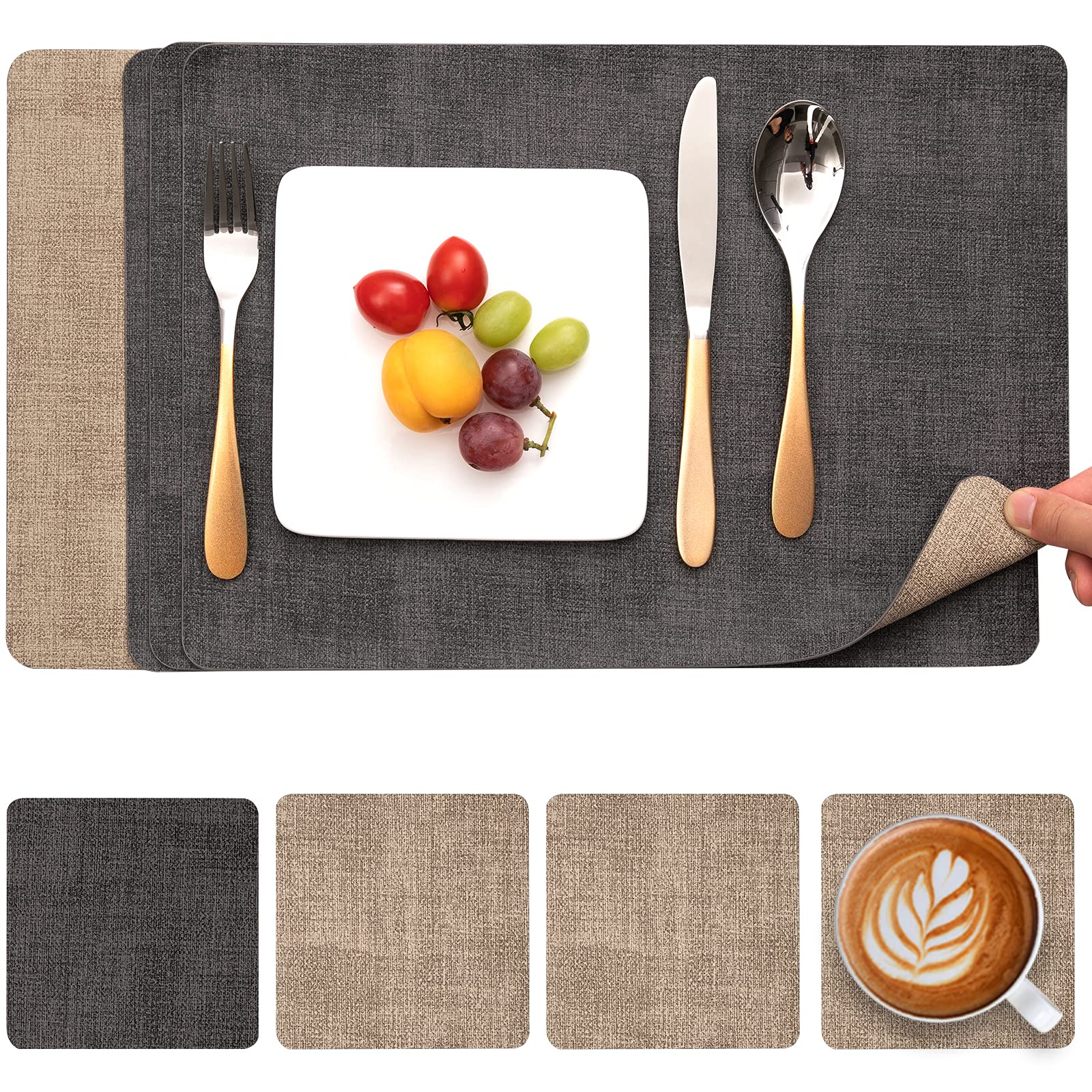 Myir JUN Placemats and Coasters Set of 4, Place Mats Dual Sided Faux Leather Table Mats PU Indoor Outdoor Heat Resistant Placemat Square Non Slip Wipeable Washable Dining Restaurant (Gray Beige) — image 1