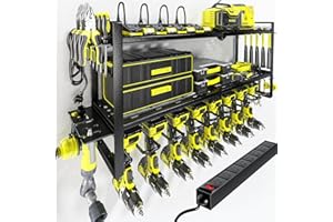 KAFAHOM Power Tool Organizer with Charging Station. 8 Drill Holder 3 Layers Tool Storage Shelf Wall Mount Built in 8 Outlet Power Strip.Tool Battery Holder with Screwdriver/Hammer