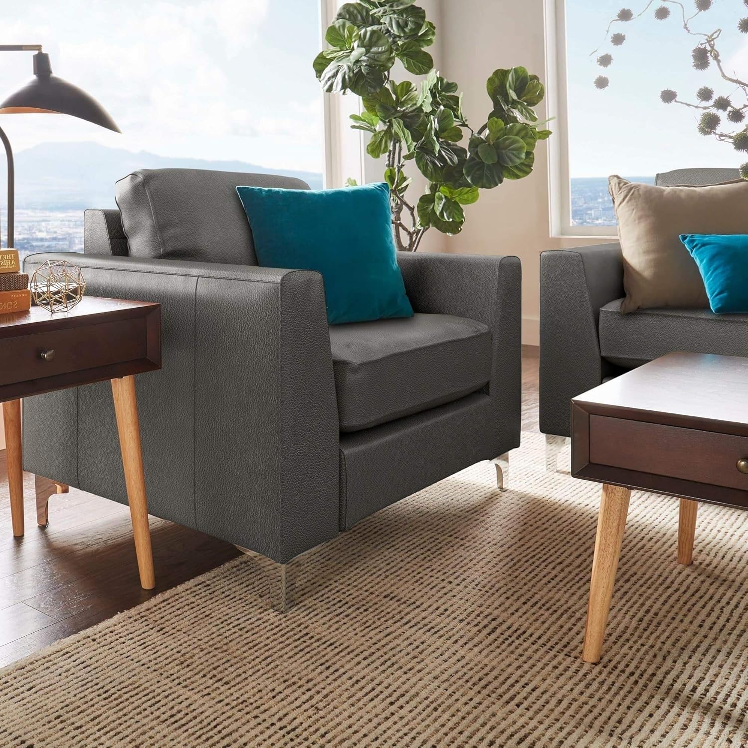 Amazon Com Vintage Style Rustic Sofa Upholstered Leather Contemporary Design Casual Single Seater Couch Grey Solid Back Square Arms 41 0 Wide Living Room Furniture Home Decor Kitchen Dining