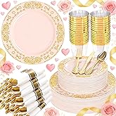 GATHER 350PCS Pink and Gold Plastic Plates - Gold Disposable Dinnerware Set Include 50 Dinner Plates, 50 Dessert Plates, 150 Plastic Silverware, 50 Napkins, 50 Cups for Wedding & Valentine's Day