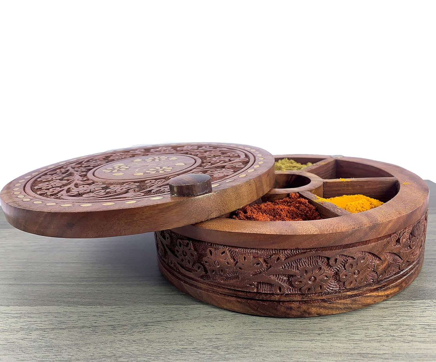 LAZIRA Real Sheeham Wood Masala with Spoon Dabba Spice Rack & Masala
