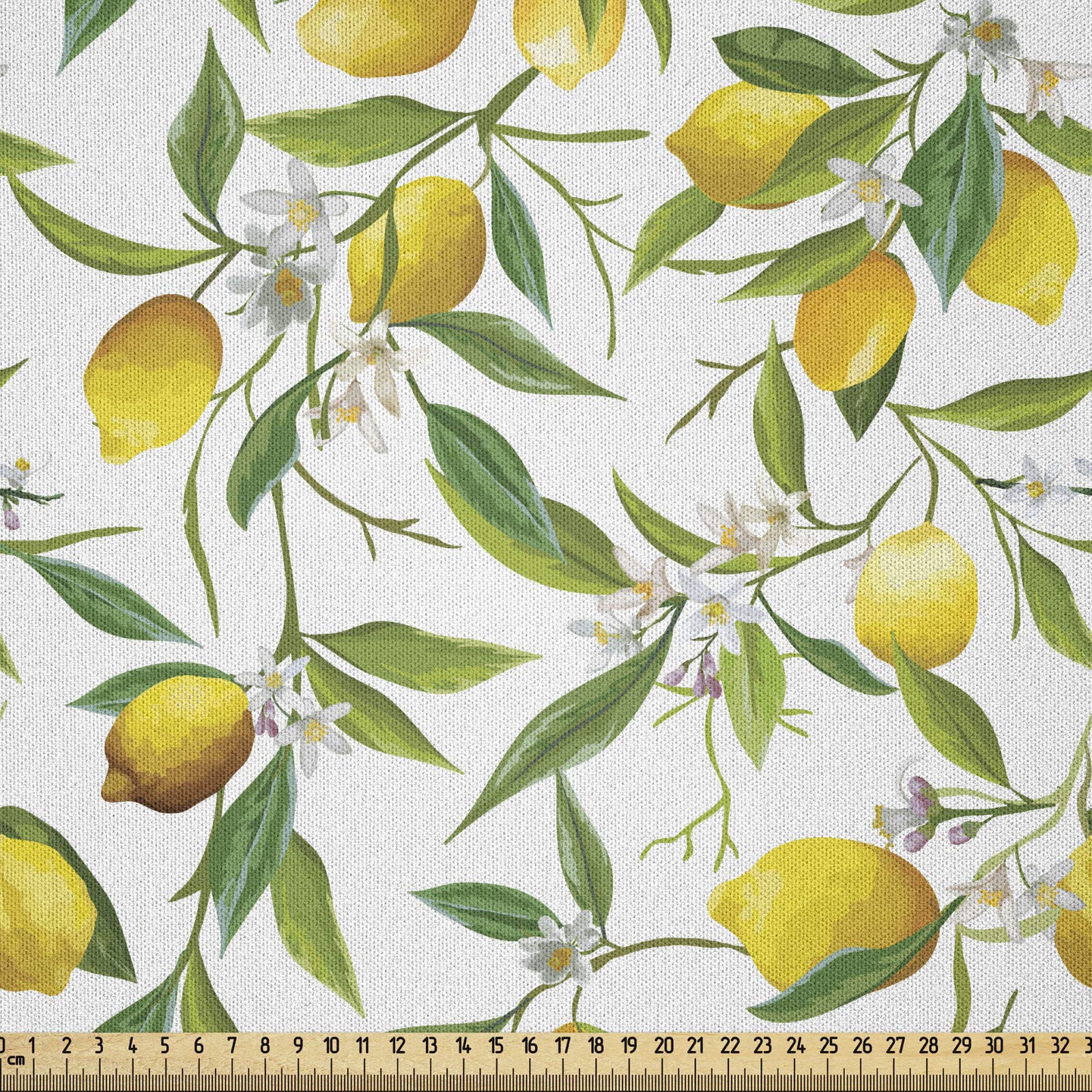 ABAKUHAUS Nature Fabric by the Yard, Flowering Lemon Woody Plant Romance Habitat Citrus Fresh Background, Microfiber Fabric for Arts and Crafts Textiles Decor, 3M (230x300cm), Fern Green Yellow White
