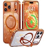 CASEKOO Pearlescent Shimmer 360 Spin Magnetic Stand for Glossy iPhone 17 Pro Case for Women, Fit for MagSafe, 17FT Drop Protection, Chic Design for 17 Pro Case with Built-in Stand, Cosmic Orange