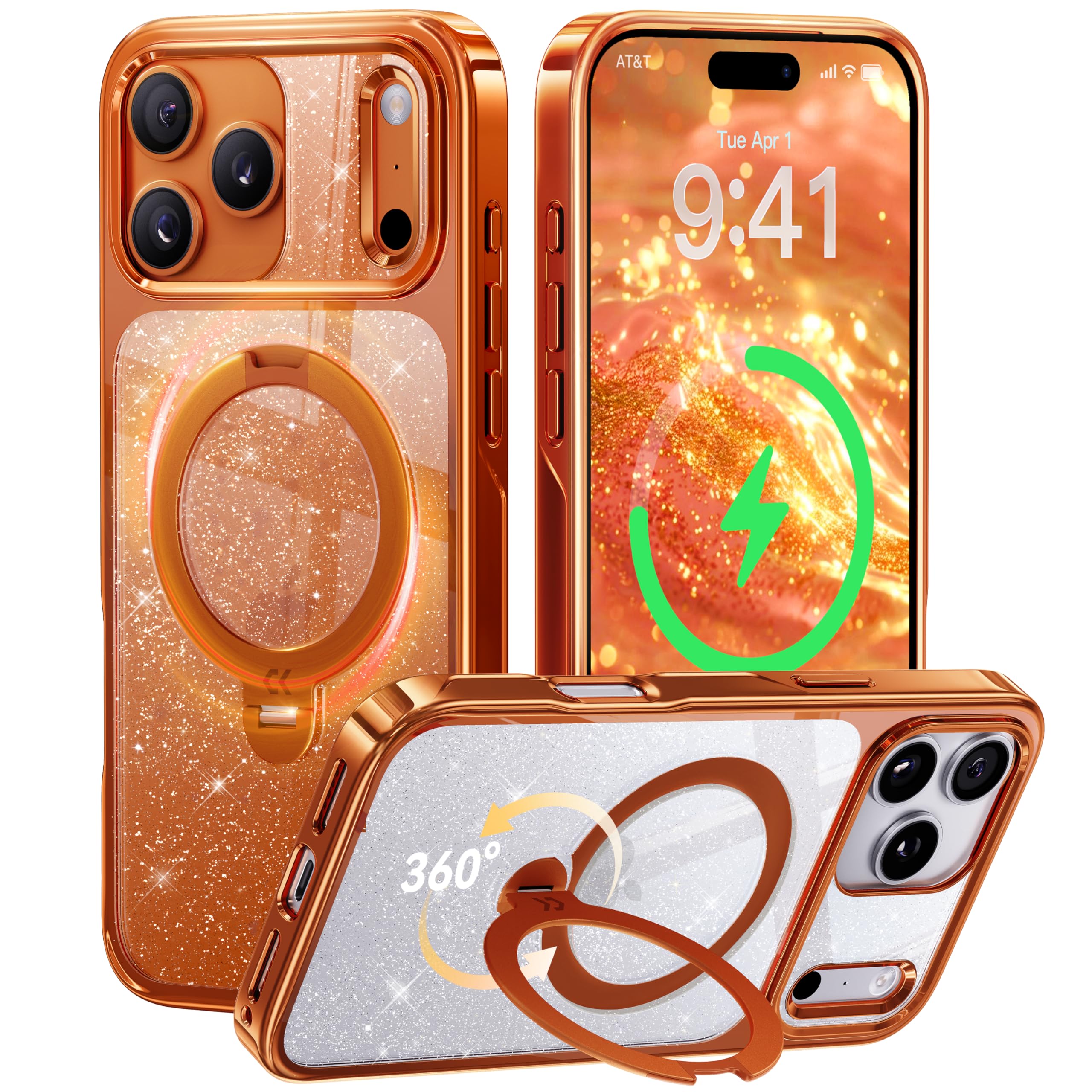 Photo 1 of CASEKOO Pearl Sparkle 360 Spin Magnetic Stand for iPhone 17 Pro Case for Women, Fit for MagSafe, 17FT Drop Protection, Chic Design for 17 Pro Case with Built-in Stand, Cosmic Orange