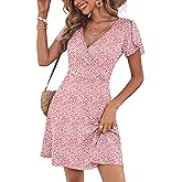 ANRABESS Womens Summer Dresses Short Sleeve Wrap V Neck A-Line Floral Mini Dress Causal Flowy Boho Beach Vacation Sundress