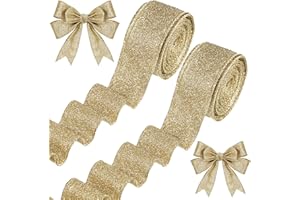 JUINTE 2 Roll 20 Yards Christmas Ribbon Wired Glitter Thick Ribbon Metallic Wired Ribbon Gift Wrapping Christmas Tree Ribbon for Halloween Party DIY Crafts Wrapping Decorations (Champagne Gold,1.5 Inch)