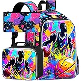 HPJGD 3PCS Basketball School Backpack for Boys, Water Resistant Kids Bookbag Set with Lunch Box, Cool School Bag for Middle Elementary - Spray-painted Basketball Player