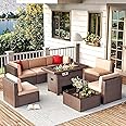Jolydale Patio Furniture 8 Pieces Outdoor Furniture Set with 40" Fire Pit Table Wicker Rattan Sectional Conversation Set with Coffee Table for Patio, Garden, and Backyard, Small Size People, Brown