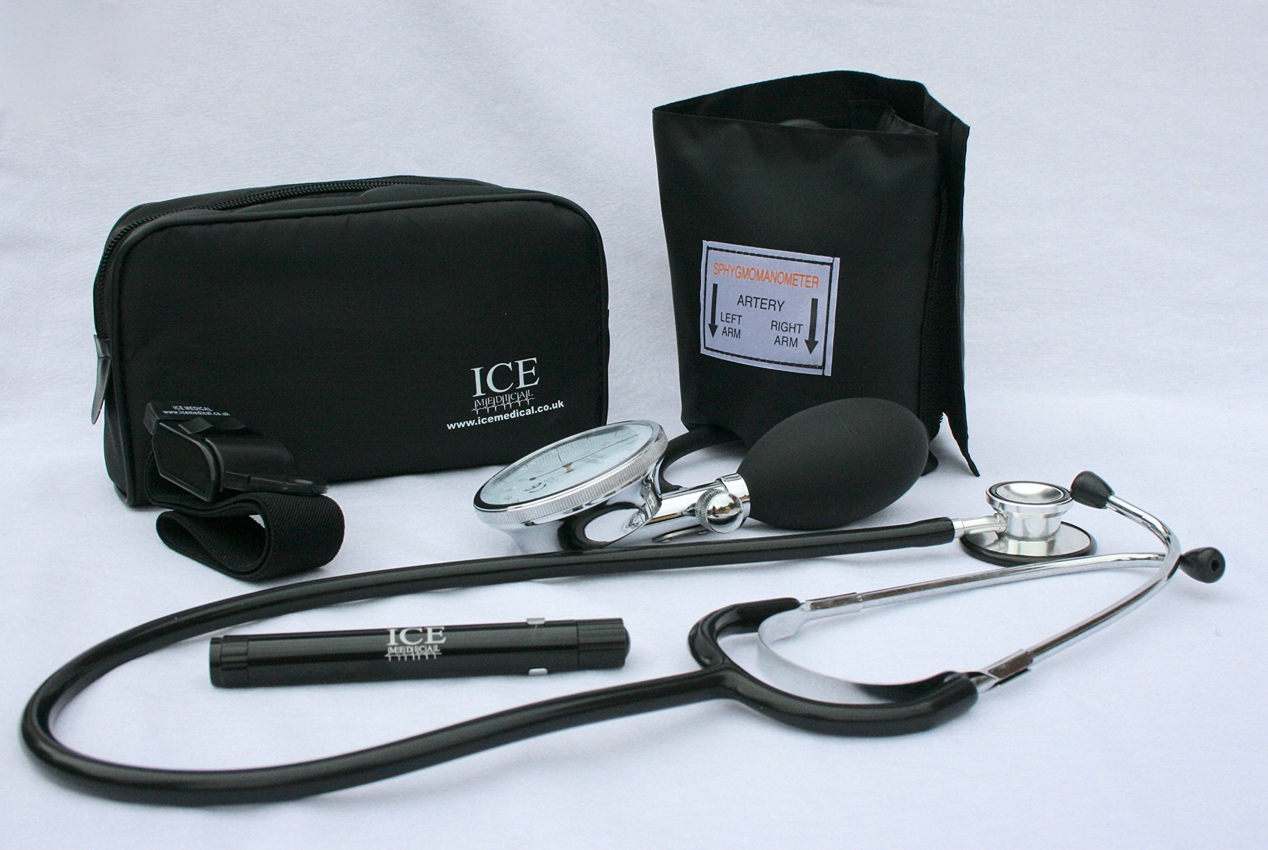 Black Aneroid Blood Pressure Monitor Sphygmomanometer, Stethoscope, Pen Light (Pen Torch) and Tourniquet - GP Set