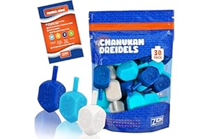 ZION JUDAICA LTD Zion Judaica Hanukkah Dreidels Multi Blue, White Medium Size Dridels Bulk Plastic Drydlech Hebrew Letters and English Transliteration Includes Traditional Chanukah Game Guide Ziplock Bag Hanuka Fun