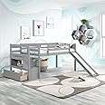 Bellemave Twin Size Low Loft Bed with Stairs and Slide, Low loft Bed for Kids, Wood Low loft Bed with Storage Staircase and Drawers, Twin, Gray
