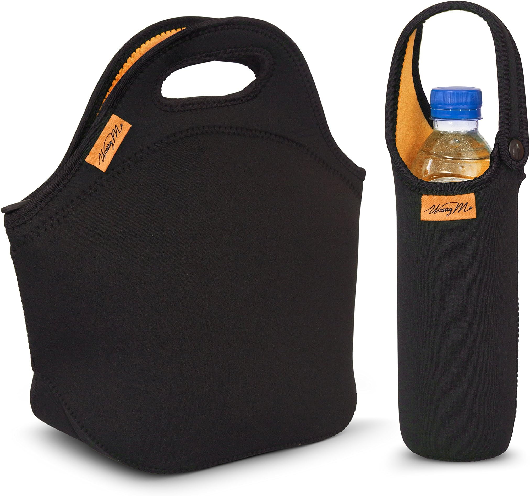 UcarryMe Insulated Neoprene Lunch Bag and Handy Bottle Cooler - Extra Large and Thick - Very Sturdy Zipper - Lightweight - Washable - Best Cool Tote for Work or Picnic - Black/Orange