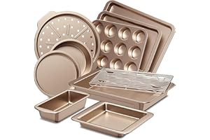 HONGBAKE Bakeware Sets, Baking Pans Set, Nonstick Oven Pan for Kitchen with Wider Grips, 10-Piece Including Rack, Cookie Sheet, Cake Pans, Loaf Pan, Muffin Pan, Pizza Pan - Champagne Gold