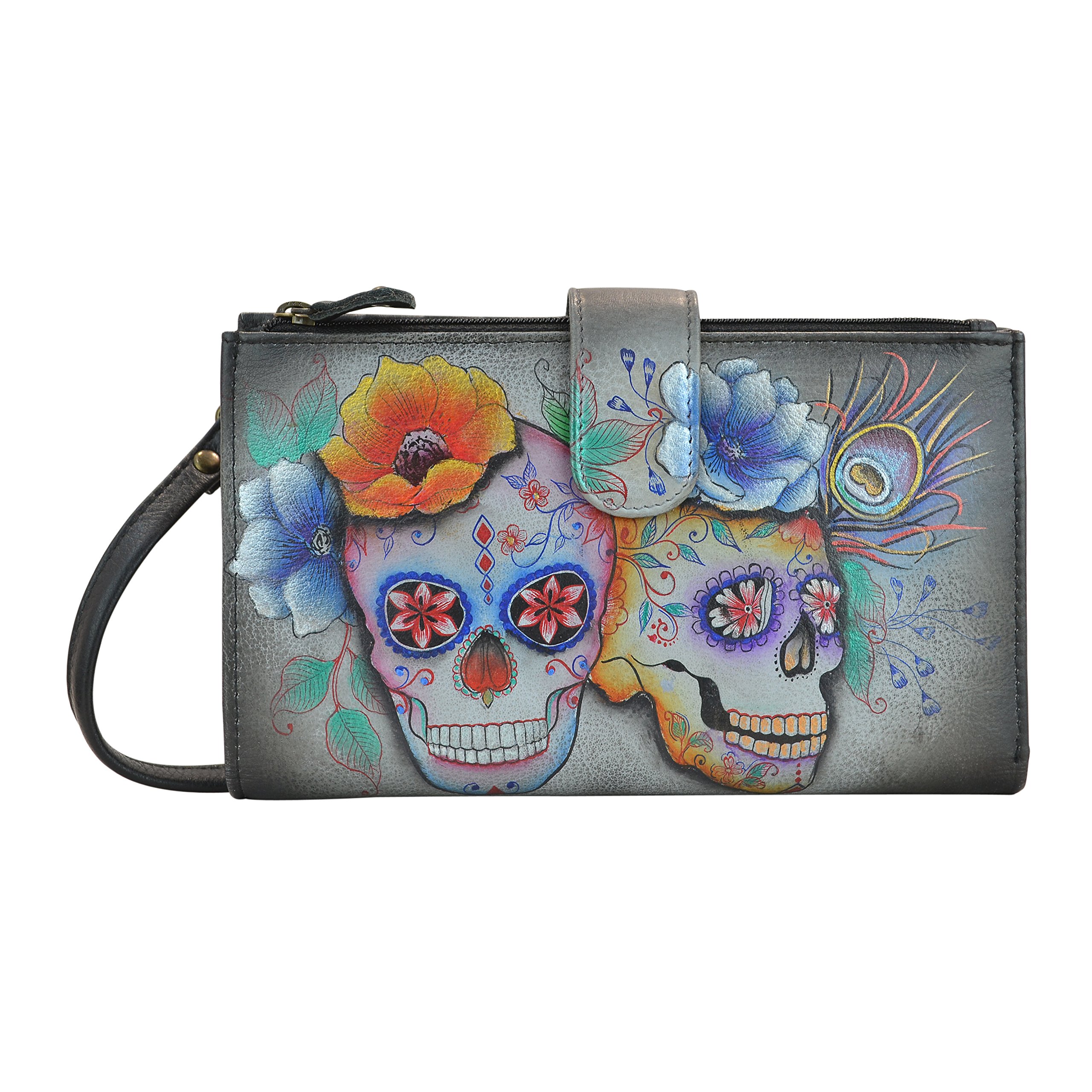 Anuschka Hand Painted Leather Cell Phone Wallet - Cell Phone and Credit Card Holder - Calaveras de Azúcar