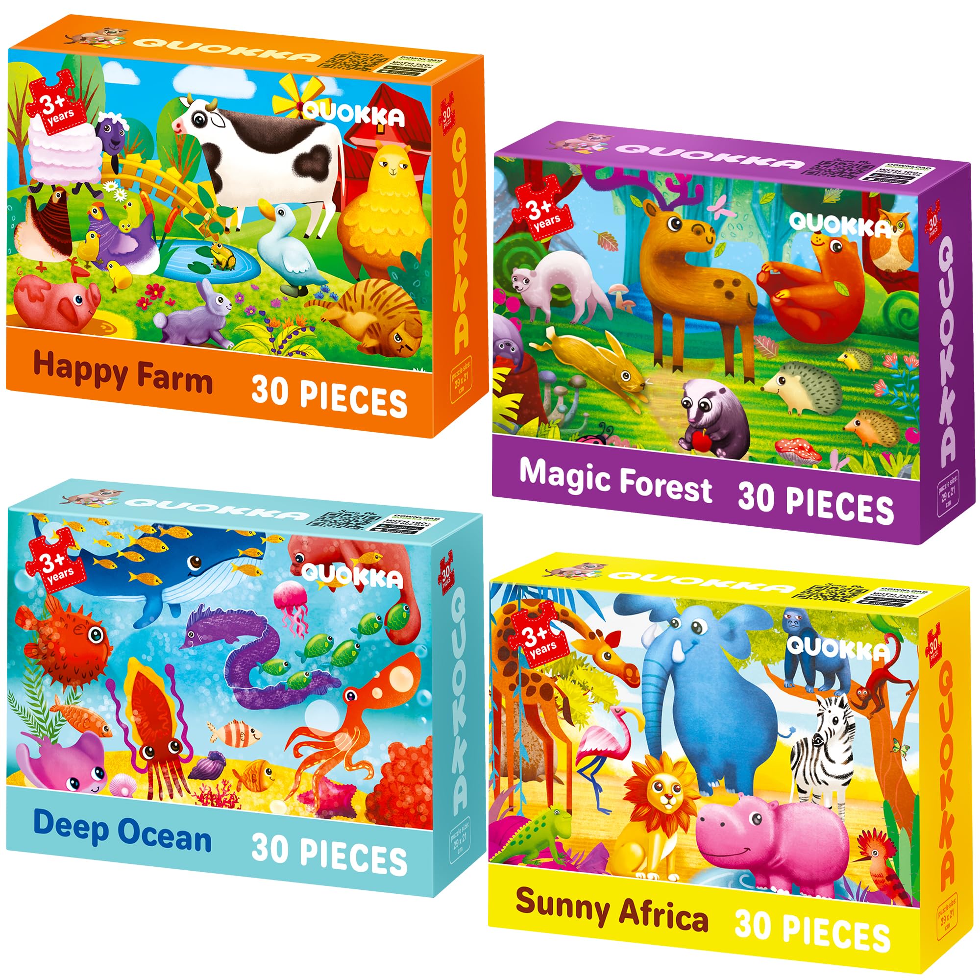 QUOKKA Jigsaw Puzzles For 3 4 Year Olds - 4x30 Toddler Jigsaws for 2 3 Year Old - Educational Toys For Learning Africa Farm Ocean Forest Animals For 4 5 6 yo - Gift Puzzle Games for Boys & Girls 6-8