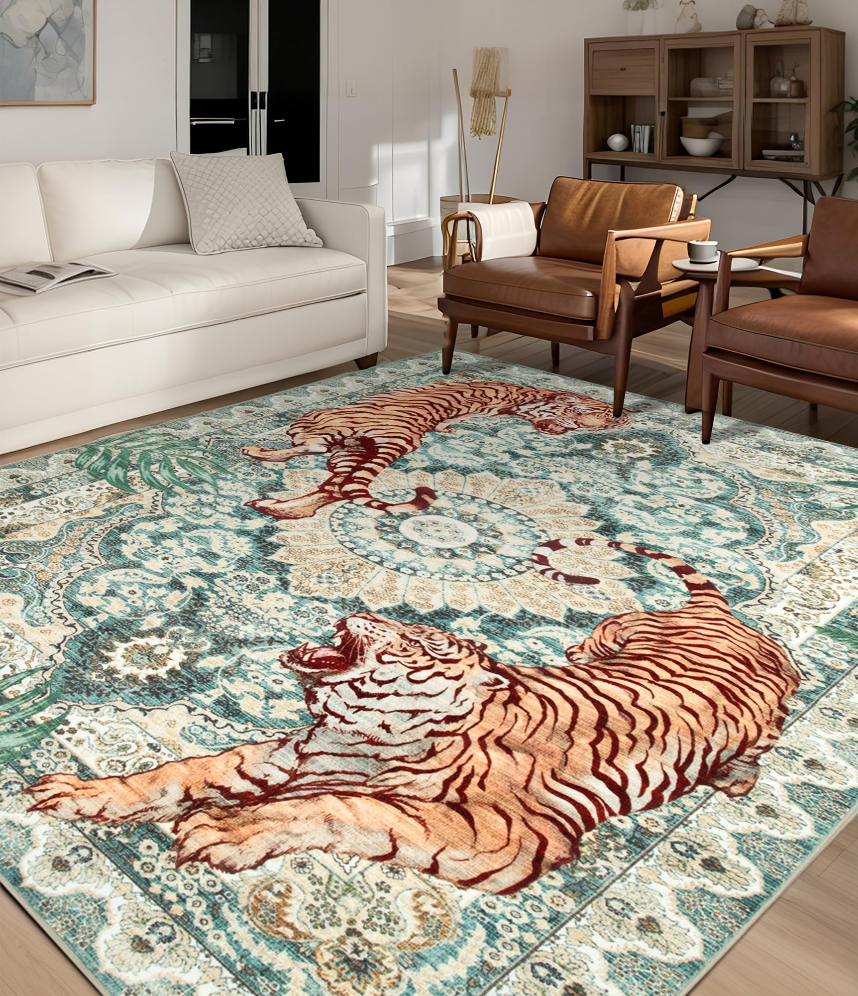 Photo 1 of chakme Tiger Green Washable Area Rugs 5’x7’, Soft Bedroom Rug for Living Room Ultra-Thin Non Slip Dining Room Rug